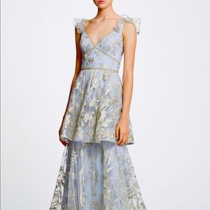 Marchesa light blue, tiered dress with gold accent